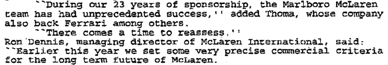 Illustration for article titled Philip Morris Cheated on McLaren with Ferrari, Ron Dennis Got 'Emotional'